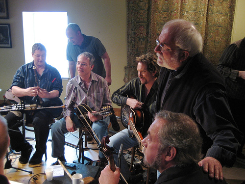 Filming Transatlantic Sessions 3, with Ronan Browne, Jerry Douglas, Aly Bain, and lighting director Mark Littlewood, 2007